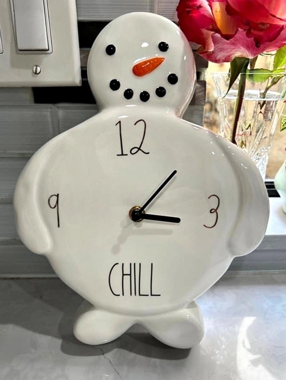 Rae Dunn Artisan Collection CHILL 11”x 9”x 2” Ceramic SNOWMAN WALL CLOCK New!